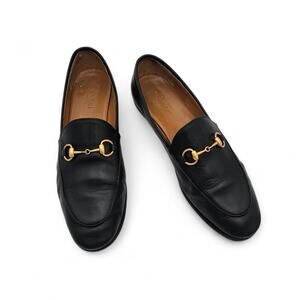 Gucci Jordaan Horsebit Slip On Flat Loafer Black Leather Gold Size 37.5 US 7.5